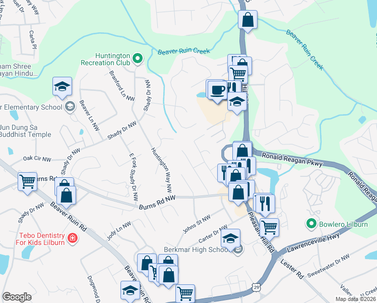 map of restaurants, bars, coffee shops, grocery stores, and more near 699 Burnt Creek Drive Northwest in Lilburn