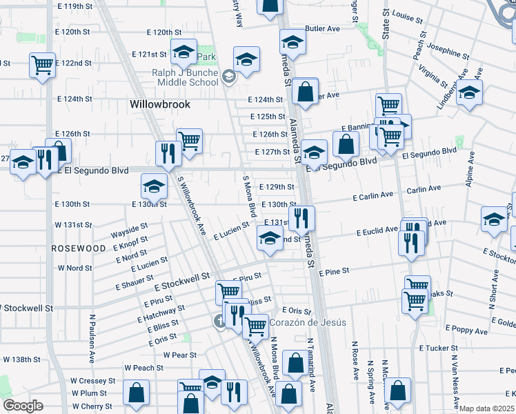map of restaurants, bars, coffee shops, grocery stores, and more near 2506 East 130th Street in Compton