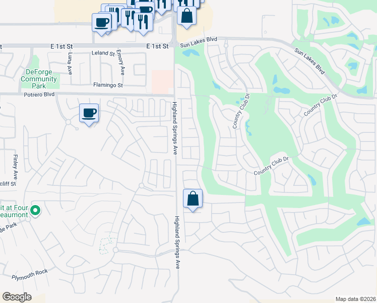 map of restaurants, bars, coffee shops, grocery stores, and more near 1297 Green Island Street in Banning