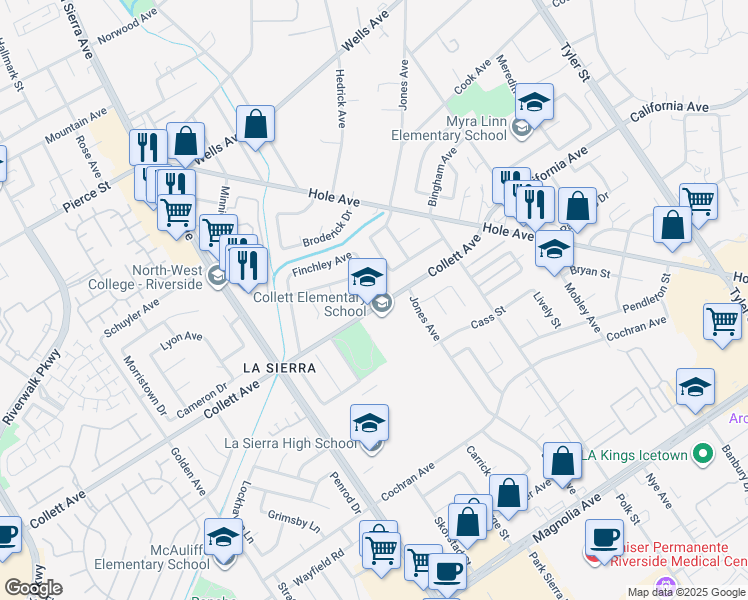 map of restaurants, bars, coffee shops, grocery stores, and more near 10835 Collett Avenue in Riverside