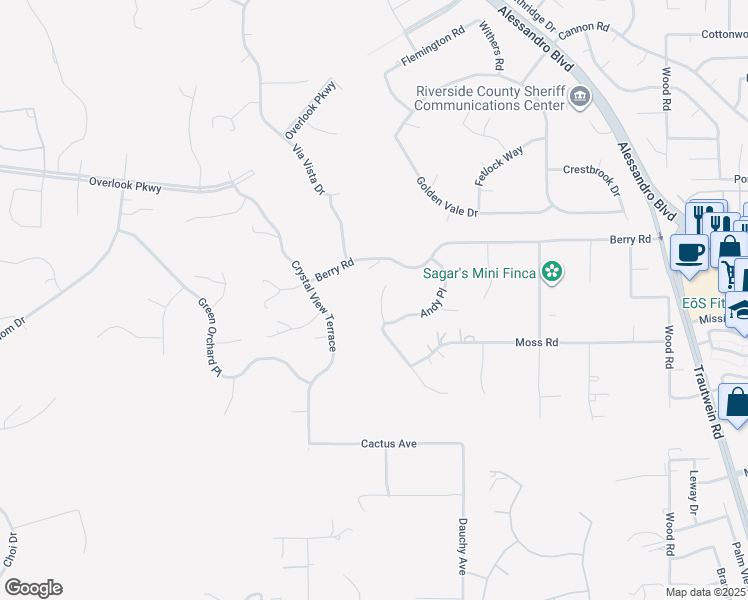 map of restaurants, bars, coffee shops, grocery stores, and more near 14143 Ashton Lane in Riverside