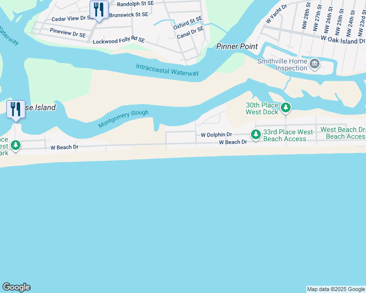 map of restaurants, bars, coffee shops, grocery stores, and more near 3913 West Beach Drive in Oak Island
