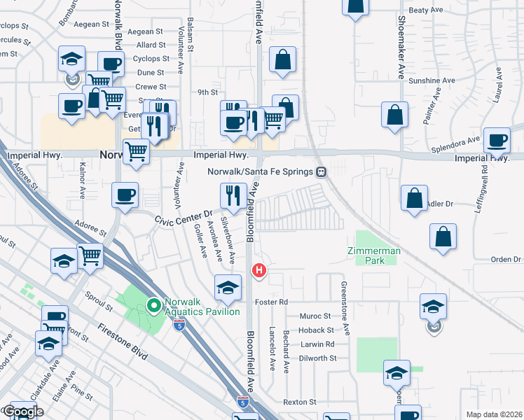 map of restaurants, bars, coffee shops, grocery stores, and more near 12812 Arroyo Lane in Norwalk