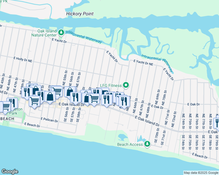 map of restaurants, bars, coffee shops, grocery stores, and more near 213 Northeast 62nd Street in Oak Island