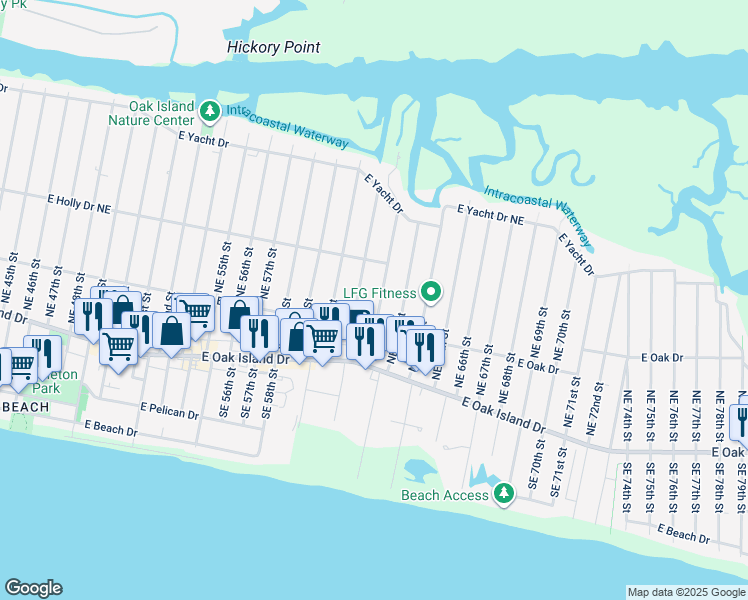 map of restaurants, bars, coffee shops, grocery stores, and more near 213 Northeast 62nd Street in Oak Island