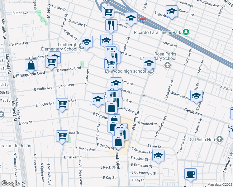 map of restaurants, bars, coffee shops, grocery stores, and more near 3521 Palm Avenue in Lynwood