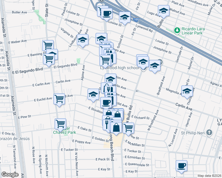 map of restaurants, bars, coffee shops, grocery stores, and more near 3521 Palm Avenue in Lynwood