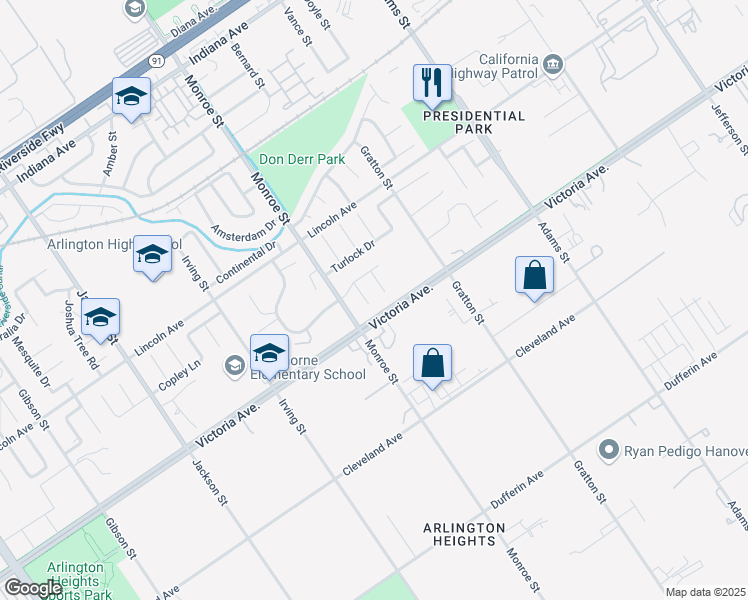 map of restaurants, bars, coffee shops, grocery stores, and more near 2717 Leatherwood Court in Riverside