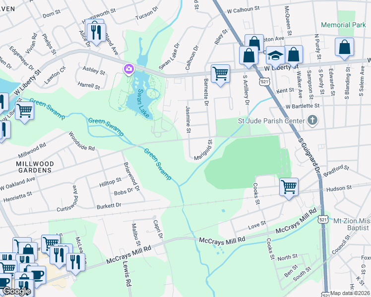 map of restaurants, bars, coffee shops, grocery stores, and more near 133 Jasmine Street in Sumter