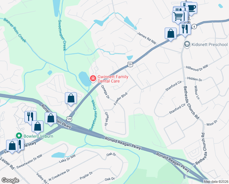 map of restaurants, bars, coffee shops, grocery stores, and more near 3303 Fernview Drive in Lawrenceville