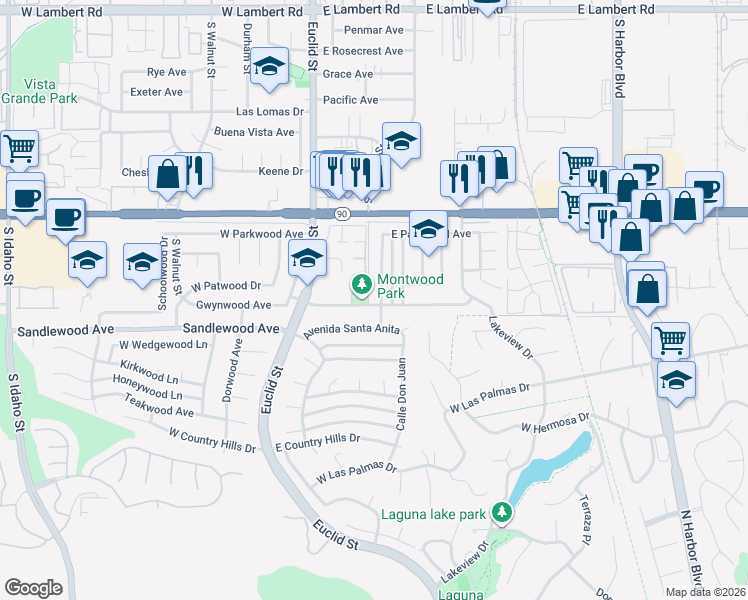 map of restaurants, bars, coffee shops, grocery stores, and more near 1381 Burwood Street in La Habra
