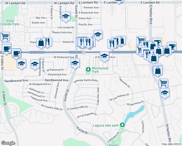 map of restaurants, bars, coffee shops, grocery stores, and more near 1381 Burwood Street in La Habra