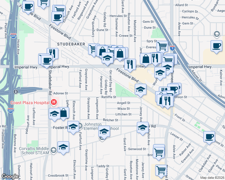map of restaurants, bars, coffee shops, grocery stores, and more near 12810 Orr and Day Road in Norwalk