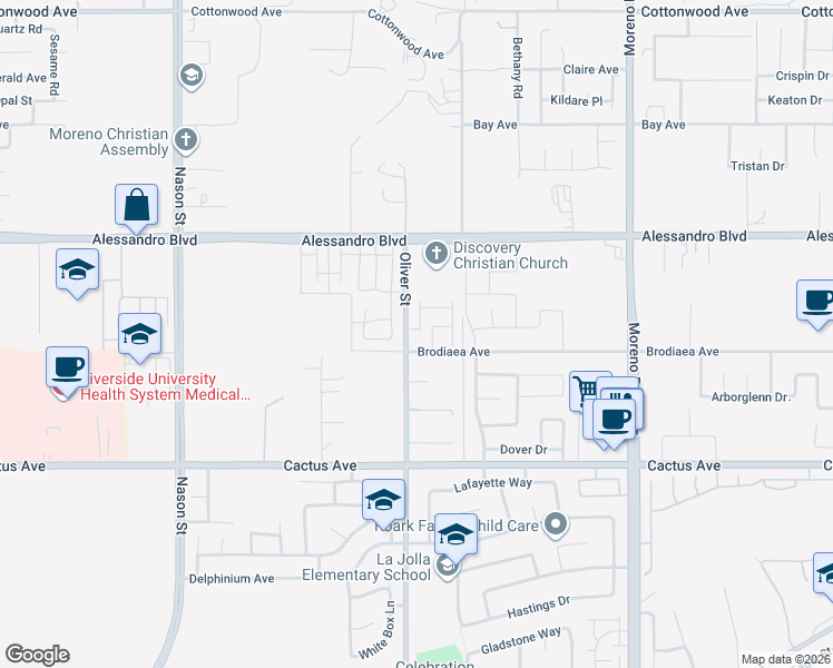 map of restaurants, bars, coffee shops, grocery stores, and more near 27513 Araceli Way in Moreno Valley
