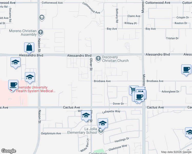 map of restaurants, bars, coffee shops, grocery stores, and more near 27550 Brodiaea Avenue in Moreno Valley