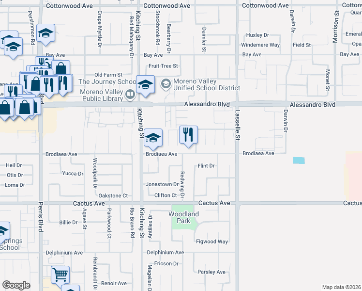 map of restaurants, bars, coffee shops, grocery stores, and more near 14159 Port Royal Place in Moreno Valley