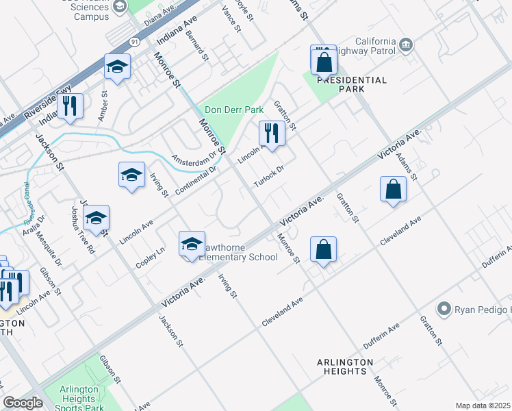 map of restaurants, bars, coffee shops, grocery stores, and more near 8686 Turlock Drive in Riverside
