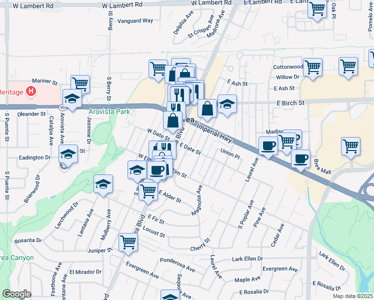 map of restaurants, bars, coffee shops, grocery stores, and more near 337 South Orange Avenue in Brea
