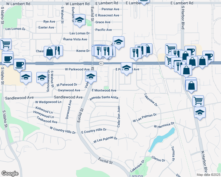 map of restaurants, bars, coffee shops, grocery stores, and more near 1341 Burwood Street in La Habra