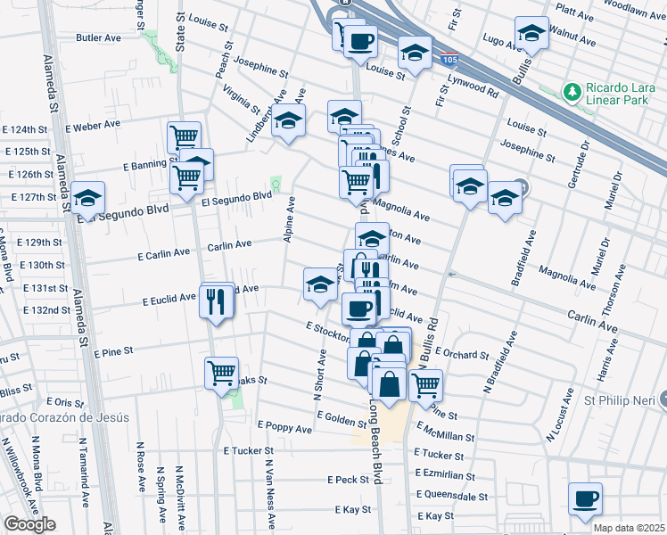 map of restaurants, bars, coffee shops, grocery stores, and more near 3285 Carlin Avenue in Lynwood