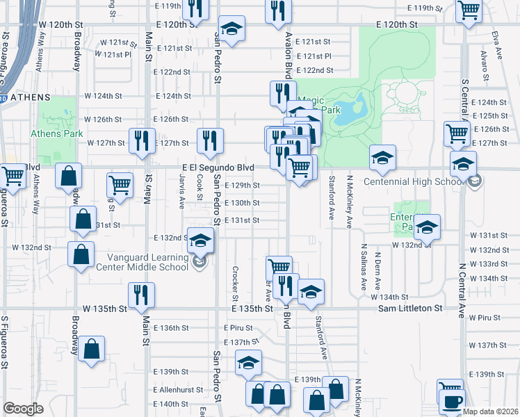 map of restaurants, bars, coffee shops, grocery stores, and more near 357 East 130th Street in Los Angeles