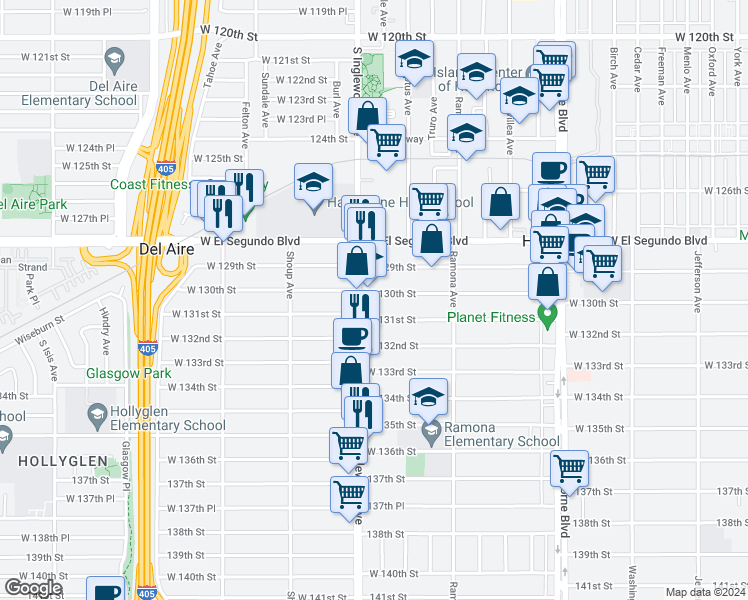 map of restaurants, bars, coffee shops, grocery stores, and more near in Hawthorne