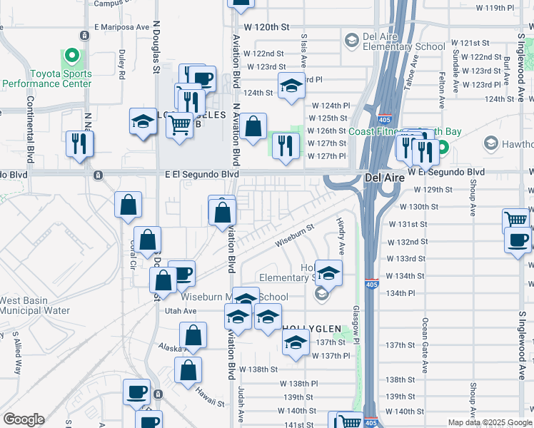 map of restaurants, bars, coffee shops, grocery stores, and more near 12922 Union Avenue in Hawthorne