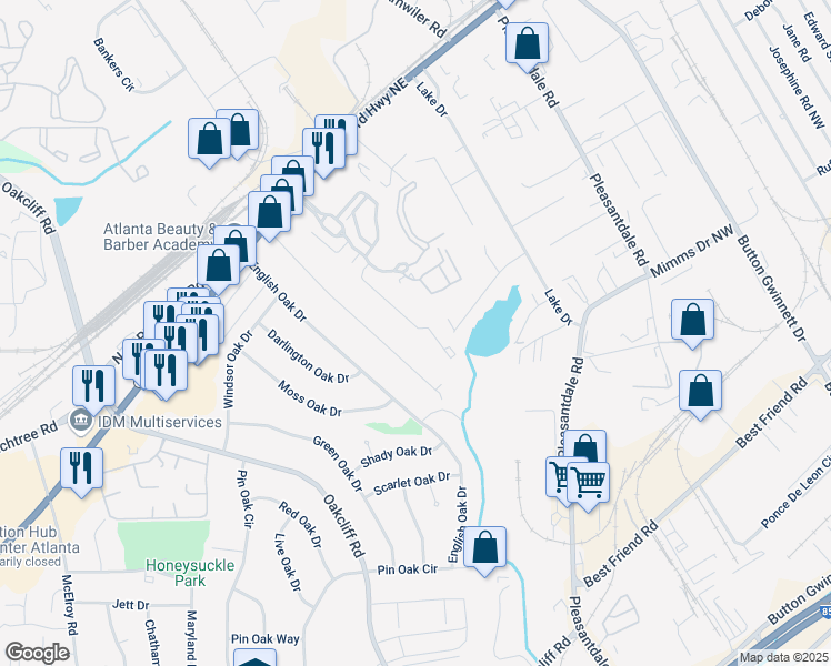 map of restaurants, bars, coffee shops, grocery stores, and more near 2450 Norwood Park Crossing in Atlanta