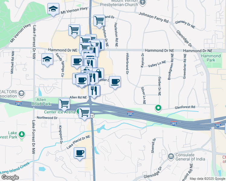 map of restaurants, bars, coffee shops, grocery stores, and more near 350 Carpenter Drive Northeast in Atlanta