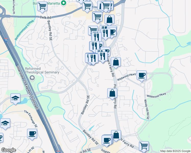 map of restaurants, bars, coffee shops, grocery stores, and more near 616 Wynnes Ridge Circle Southeast in Marietta