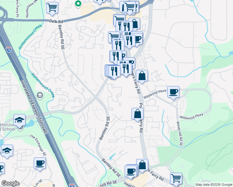 map of restaurants, bars, coffee shops, grocery stores, and more near 610 Wynnes Ridge Circle in Marietta