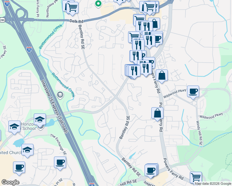 map of restaurants, bars, coffee shops, grocery stores, and more near 2784 Terrell Trace Drive Southeast in Marietta