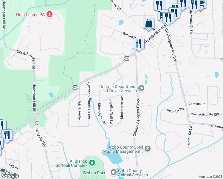 map of restaurants, bars, coffee shops, grocery stores, and more near 1834 Kimberly Drive Southwest in Marietta