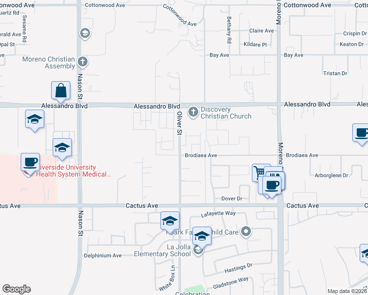 map of restaurants, bars, coffee shops, grocery stores, and more near 27513 Araceli Way in Moreno Valley
