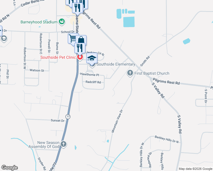 map of restaurants, bars, coffee shops, grocery stores, and more near 3197 Hawthorne Circle in Gadsden