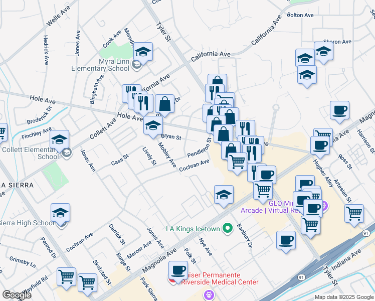 map of restaurants, bars, coffee shops, grocery stores, and more near 10486 Bonita Avenue in Riverside