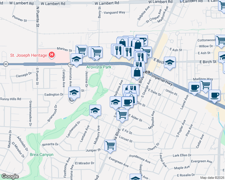 map of restaurants, bars, coffee shops, grocery stores, and more near 315 West Elm Street in Brea