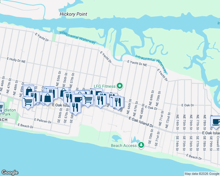 map of restaurants, bars, coffee shops, grocery stores, and more near 225 NE 63rd St in Oak Island