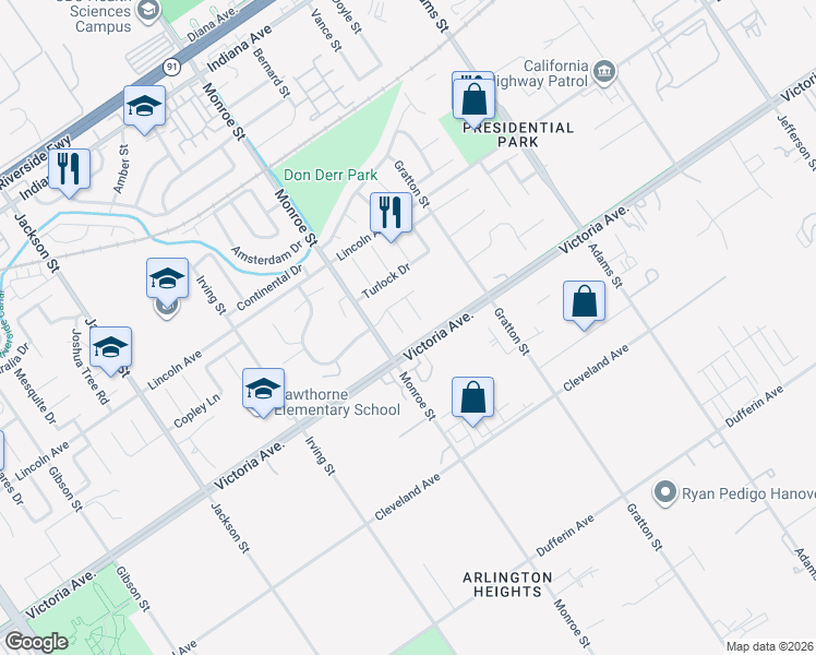 map of restaurants, bars, coffee shops, grocery stores, and more near 2717 Leatherwood Court in Riverside
