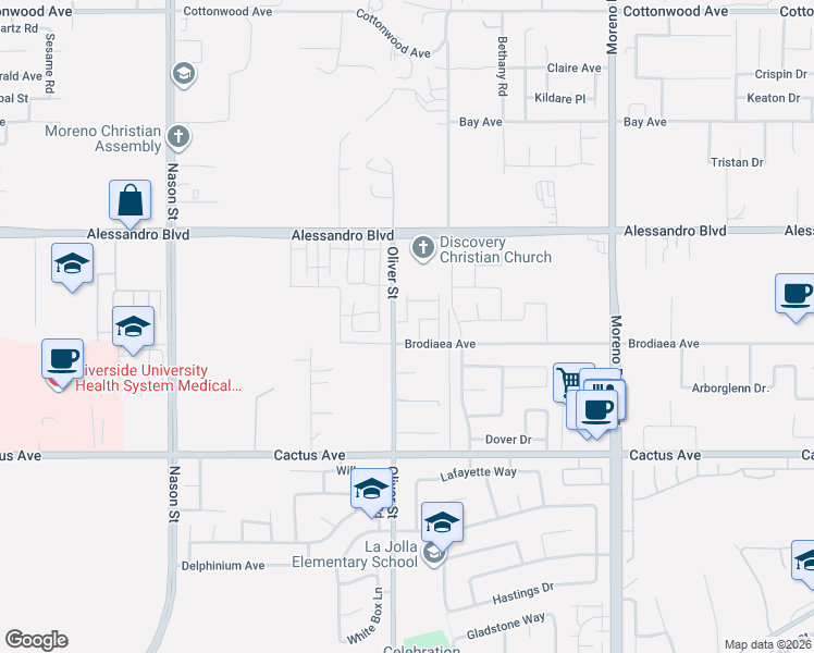 map of restaurants, bars, coffee shops, grocery stores, and more near 27521 Araceli Way in Moreno Valley