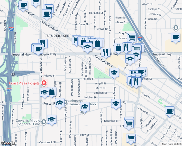 map of restaurants, bars, coffee shops, grocery stores, and more near 12810 Orr and Day Road in Norwalk