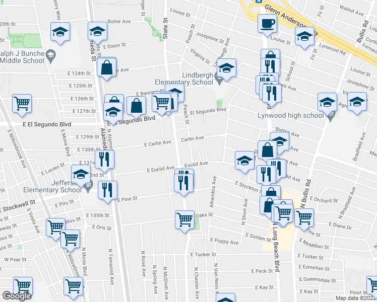 map of restaurants, bars, coffee shops, grocery stores, and more near 3118 Carlin Avenue in Lynwood