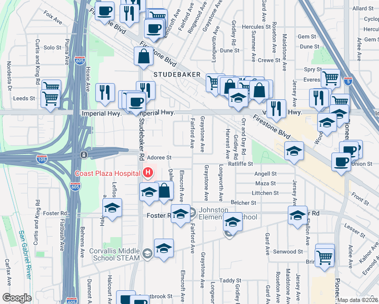 map of restaurants, bars, coffee shops, grocery stores, and more near 12817 Fairford Avenue in Norwalk