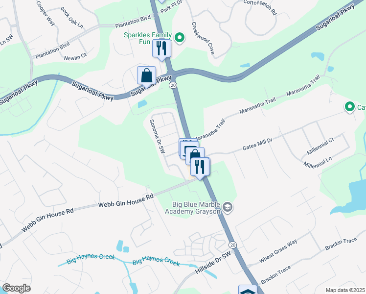 map of restaurants, bars, coffee shops, grocery stores, and more near 721 Sonoma Drive Southwest in Lawrenceville