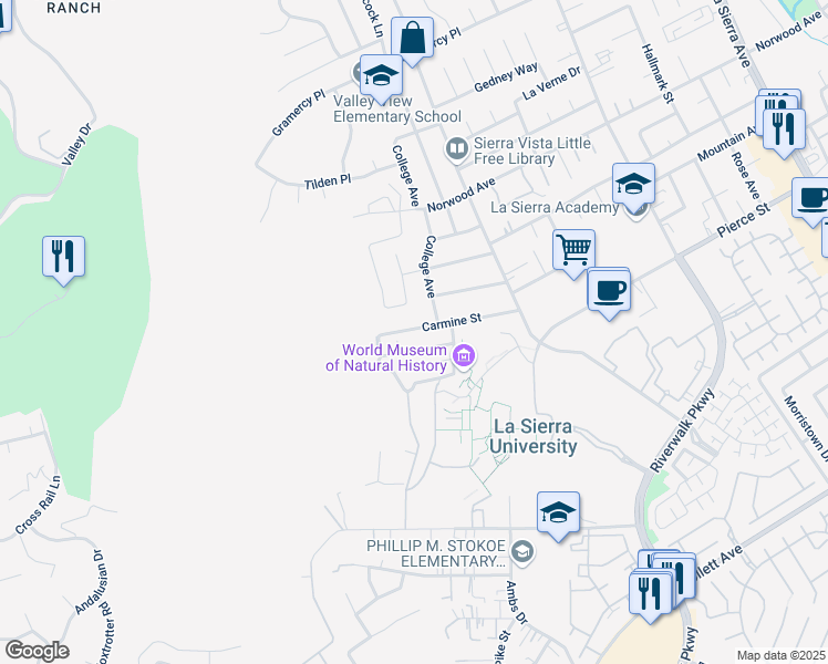 map of restaurants, bars, coffee shops, grocery stores, and more near 11742 Carmine Street in Riverside