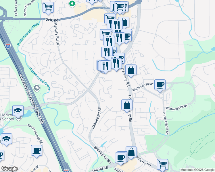 map of restaurants, bars, coffee shops, grocery stores, and more near 610 Wynnes Ridge Circle in Marietta