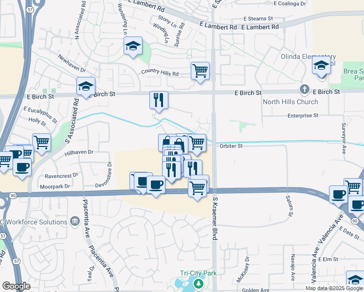 map of restaurants, bars, coffee shops, grocery stores, and more near Almeria Lane in Brea