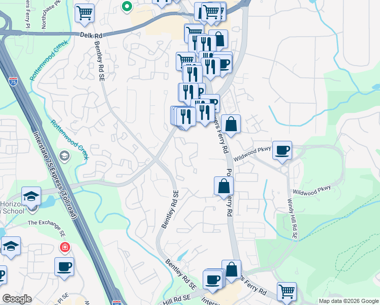 map of restaurants, bars, coffee shops, grocery stores, and more near 616 Wynnes Ridge Circle Southeast in Marietta