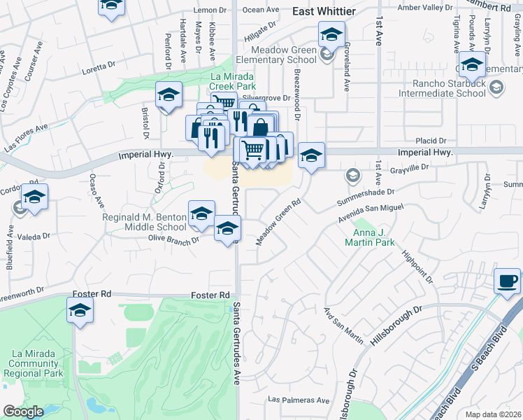 map of restaurants, bars, coffee shops, grocery stores, and more near 15854 Shadywood Court in La Mirada