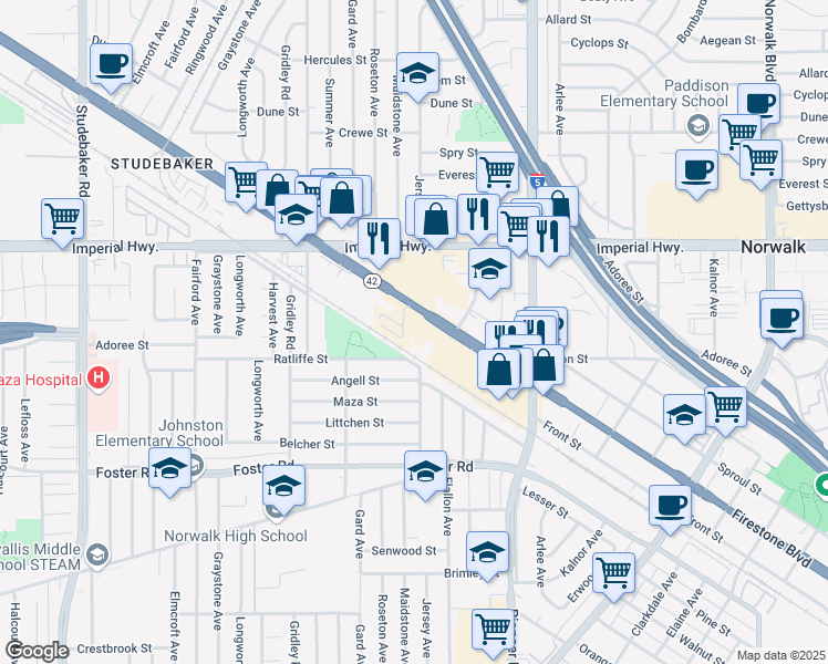 map of restaurants, bars, coffee shops, grocery stores, and more near 11625 Firestone Boulevard in Norwalk